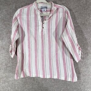 Columbia Henley Top Womens XL Pink White Striped Cotton Ruched Sleeve Minimalist